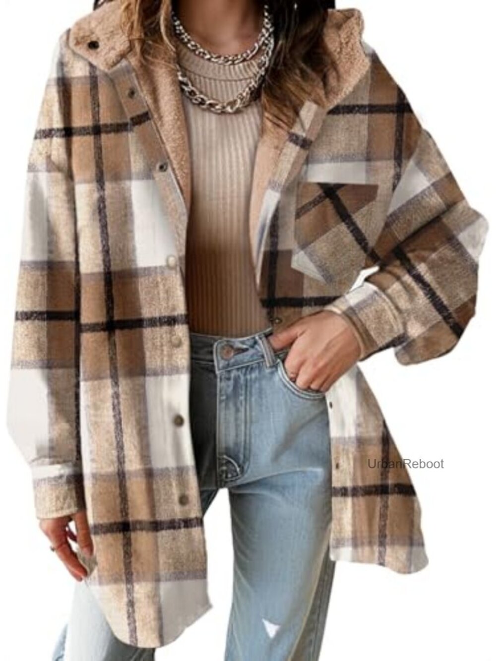 Women's Plaid Flannel Hooded Shacket Oversized Button Down Jacket